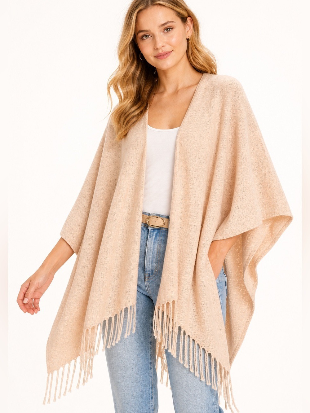 Beige Peach Fringe Ruana Wrap Shawl Quiet Luxury Cozy Layer